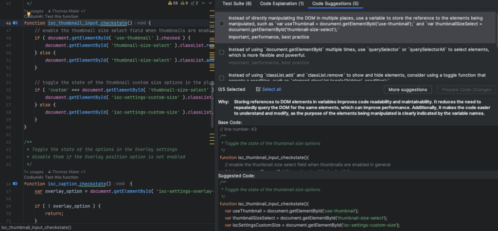 Codium AI in PHPStorm making suggestions for JavaScript code.