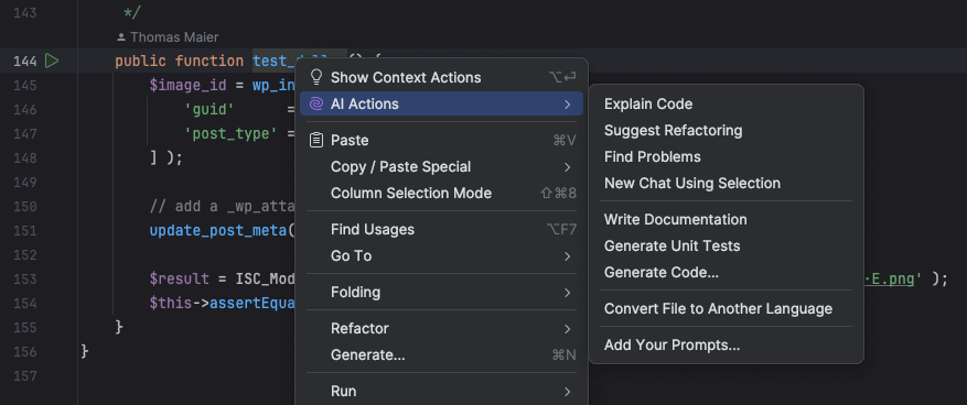 Showing AI features in the PHPStorm interface.